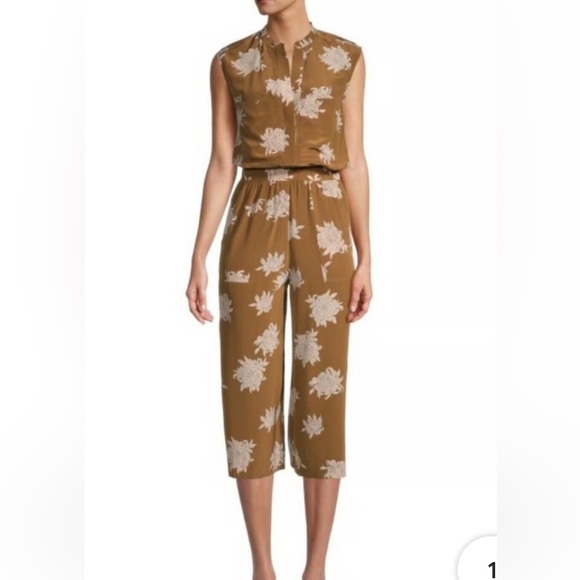Vince Pants - Vince Silk Chrysanthemum Romper/Jumpsuit, Brown/White, Size Small